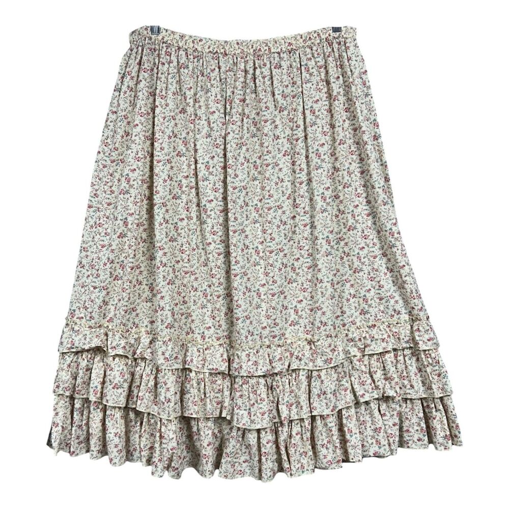 April Cornell Ditsy Floral Tiered Ruffle Hem Cotton Cottage Midi Skirt Cream - Picture 4 of 7